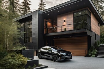 Contemporary residence with electric vehicle. Generative AI