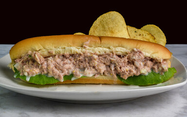 tuna salad sub  with a side of potato chips,