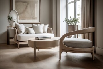 Contemporary furniture in soft, pale tones. Generative AI