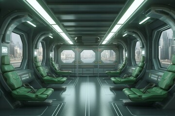 3D rendered spaceship interior with a view of green windows. Generative AI