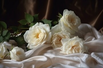 White roses on soft silk with delicate shades in a horizontal view. Generative AI