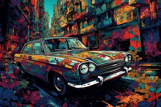 Japanese car tuning Bosozoku, graffiti poster art illustration Generative  AI Stock-Illustration