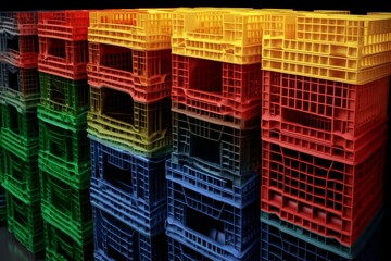 3D background of colorful plastic crates filled with beer bottles. Generative AI