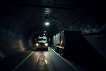 Fototapeta premium Truck in tunnel with side lights following car. Generative AI