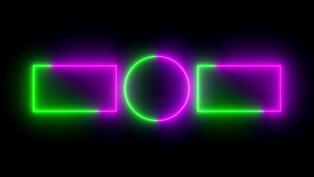 Abstract bright neon frame. rectangular and circle frame made of two moving neon lights. e_588