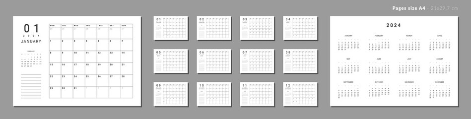 Set of Monthly pages Calendar Planner Templates 2024 with note for wall or desk. Vector layout of calendar with week start Monday for print. Pages for size A4 or 21x29.7 cm