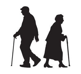 Vector illustration. Silhouette of a pensioner with a cane in his hand.
