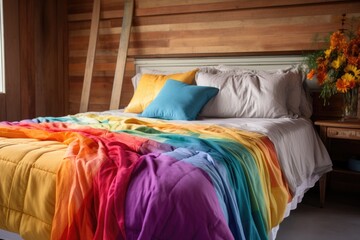 freshly made bed with colorful linens and pillows