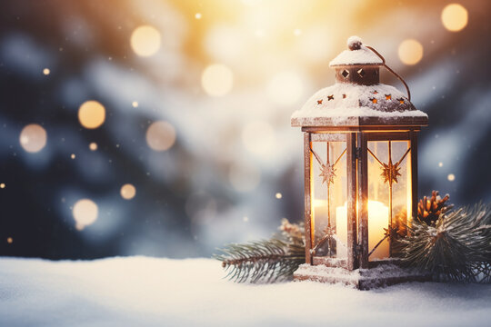 Christmas Lantern On Snow With Fir Branch In Evening Scene. High quality photo