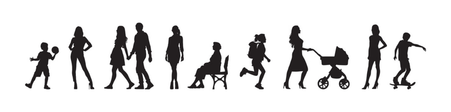 Vector illustration. Silhouettes of men and women of different ages. Big set of people.
