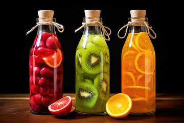 Fototapeta na wymiar homemade juice in bottles with fruit slices