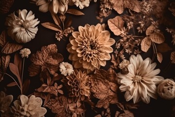 Flowers arranged on a brown background wallpaper. Generative AI