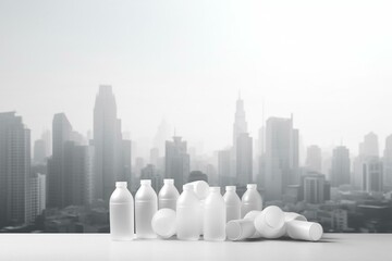 Empty city backdrop with plastic bottle and cans on white background. Generative AI