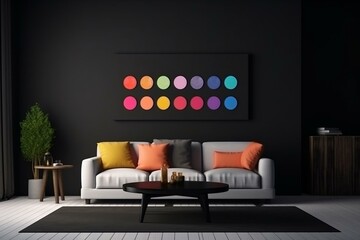 Elegant living room with colorful gradient picture on black wall. 3D design. Generative AI