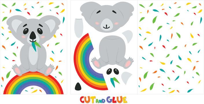 Vector cute koala sitting on colorful rainbow. Printable game for children A4 cut and glue. Australian grey bear. Simple light image on transparent background. Eyes paws nose ears and tummy separately