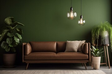 Living room with brown sofa, lamp, and houseplant near green wall. Generative AI
