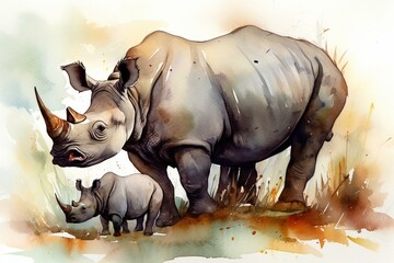 Wild rhino with calf depicted in watercolor. Generative AI