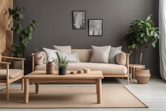Scandinavian living room with wooden sofa. Generative AI