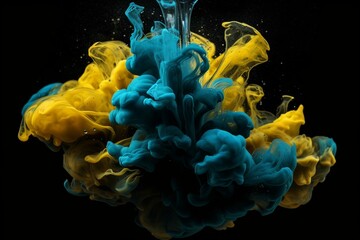 Paints of blue and yellow colliding in water, blending in a black background. Generative AI