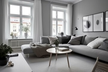 Contemporary grey Scandinavian living space. Generative AI
