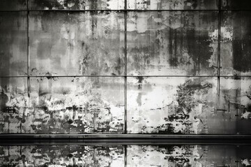 Distressed vintage reflective background with chrome design and polished, scratched plate. Monochrome grey with stains and spatter. Generative AI