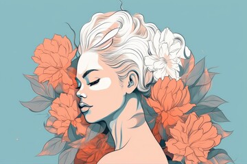Abstract portrait of an attractive woman with flowers. Illustration. Generative AI