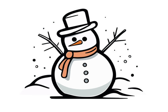 Snowmen engraved style illustration. Drawn sketch with snowman on a white background. Vector illustration.