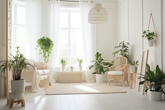 Bright and elegant modern room with new interior decoration, featuring plants and decorative motifs. Generative AI