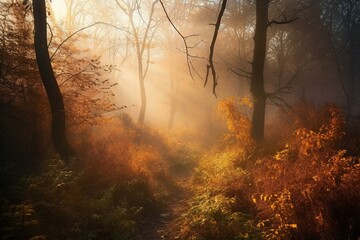 Autumn forest in misty sunshine. Generative AI