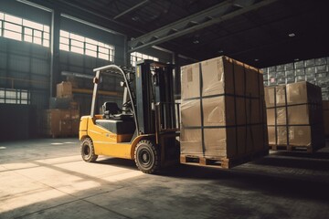 Forklift loads box in industrial warehouse for material and wood storage. Logistics banner center. Generative AI
