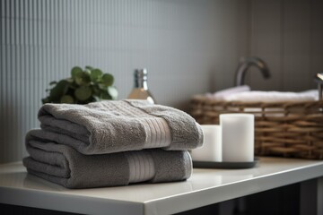 Fototapeta na wymiar Neatly arranged towels on the bathroom table. Generative AI