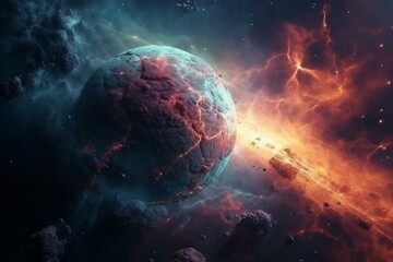 A colorful nebula space with an artistic 3D planet illustration. Generative AI