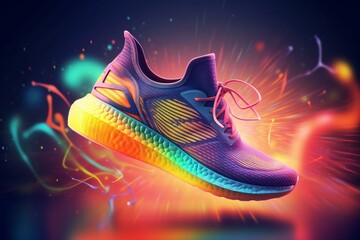 Colorful running shoes on futuristic background. Generative AI