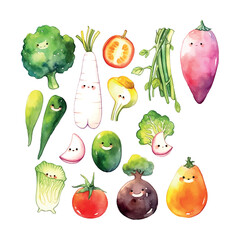 Vegetables watercolor in retro hand drawn style on white background. Summer element vector illustration.