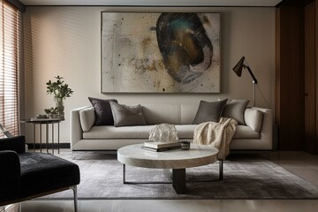 Contemporary living area, sofa, storage, wall art placeholder. Generative AI