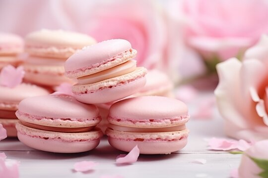 Photo of a delicious pile of pink macarons on a table created with Generative AI technology