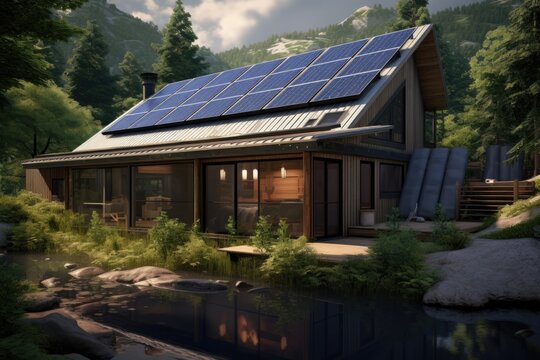 solar panels on a remote cabin surrounded by nature