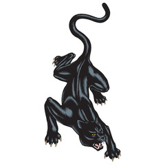 Panther tattoo art design isolated on white background. Muscular black jaguar or puma crawling. Wild cat vector illustration.