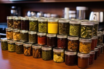 rows of assorted teas and coffee in matching containers