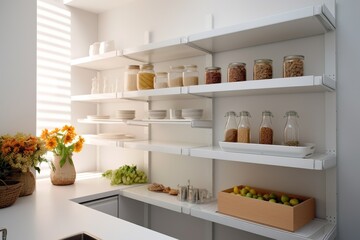 Fototapeta na wymiar minimalist pantry design with clean white shelves