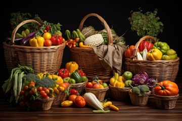 wicker baskets filled with fresh fruits and vegetables
