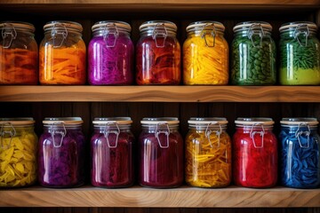 colorful labeled jars on wooden pantry shelves