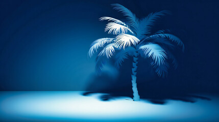 Fototapeta na wymiar A palm tree with a shadow against a blue wall