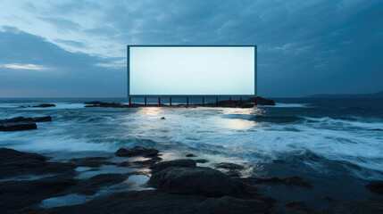 stunning horizontal poster mockup showcasing the beauty of the ocean at night on a rocky shore, cinematic and dramatic atmosphere, premium template for your outdoor advertising, AI 