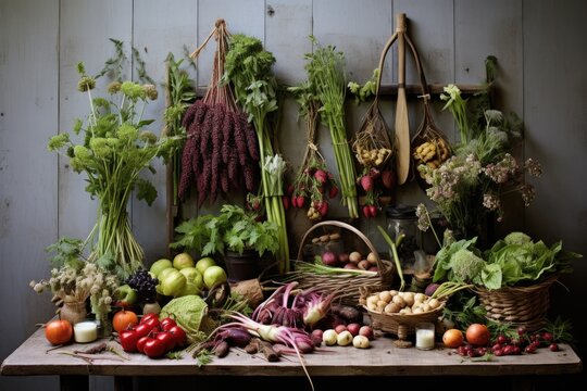 a neatly arranged display of foraged edible plants
