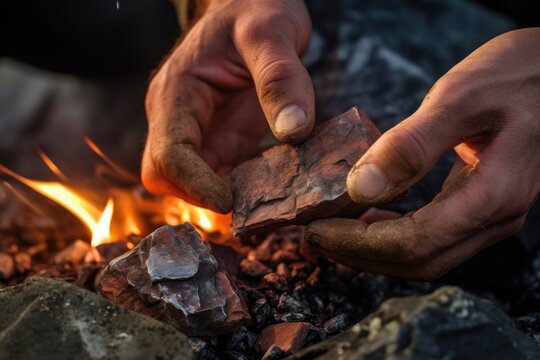 close-up of hands using a flint and steel for fire starting