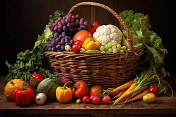 freshly harvested vegetables and fruits in a rustic basket