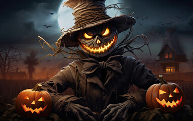 Scary pumpkin man scarecrow character with an illuminated jack-o'-lantern face in the middle of a field and with a full moon behind