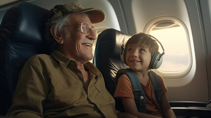 Grandfather and Grandson on Airplane Trip in the Sky. Concept of Intergenerational Travel, Airborne Adventure, Sky-High Bonding, Plane Journey, Flight Experience.
