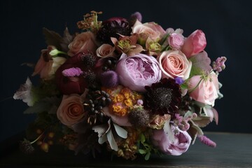 A lovely vintage bouquet showcasing baroque and Flemish flowers, including peonies and roses. Generative AI